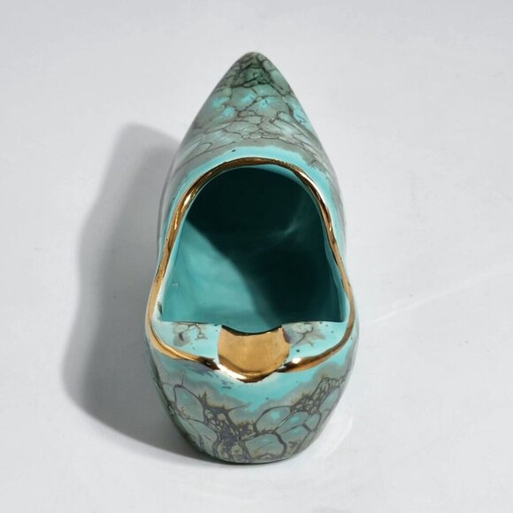 Vintage Dutch Ceramic Clog Shoe Turquoise and Gold Hand Painted Made in Holland - Picture 2 of 8